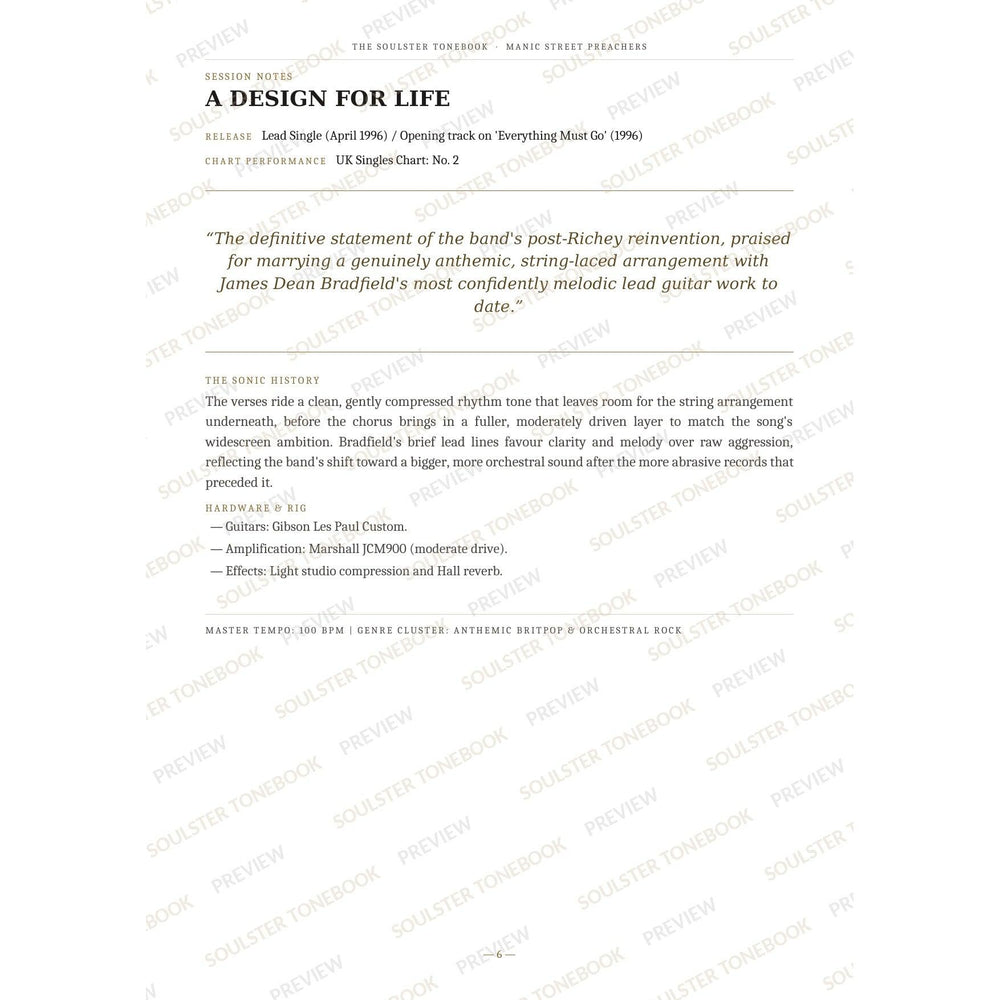 Session-notes page for 'A Design for Life' in the Manic Street Preachers Soulster Tonebook, with the track's release and chart history, a summary quote, a short 'sonic history' write-up and the hardware and rig used. A faint diagonal 'Soulster Tonebook · Preview' watermark repeats across the page.