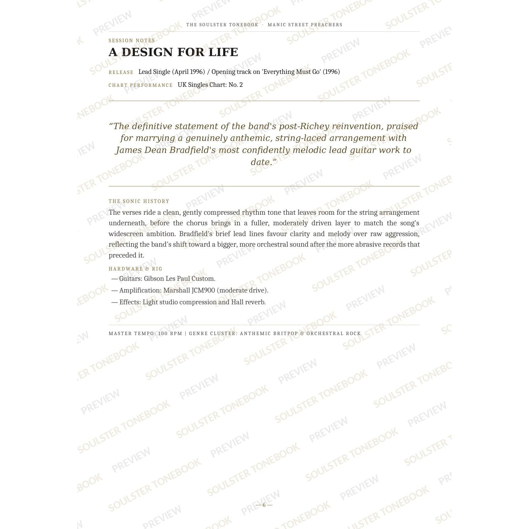 Session-notes page for 'A Design for Life' in the Manic Street Preachers Soulster Tonebook, with the track's release and chart history, a summary quote, a short 'sonic history' write-up and the hardware and rig used. A faint diagonal 'Soulster Tonebook · Preview' watermark repeats across the page.