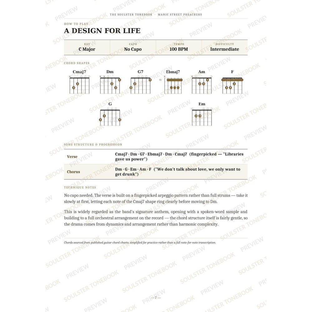 How-to-play page for 'A Design for Life' by Manic Street Preachers, showing the key, capo, tempo and difficulty, printed chord-shape diagrams, a song-structure and chord-progression breakdown and technique notes — chord charts only, no lyrics or notation. A faint diagonal 'Soulster Tonebook · Preview' watermark repeats across the page.