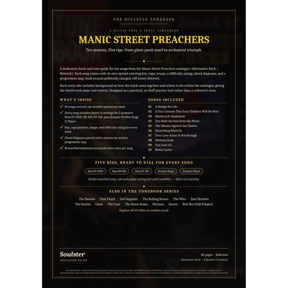 Back cover of the Manic Street Preachers Soulster Tonebook — a dark, gold-trimmed design with the title and tagline, a 'what's inside' list, the full 10-song track list, the five modeller rigs and other titles in the Soulster Tonebook series.