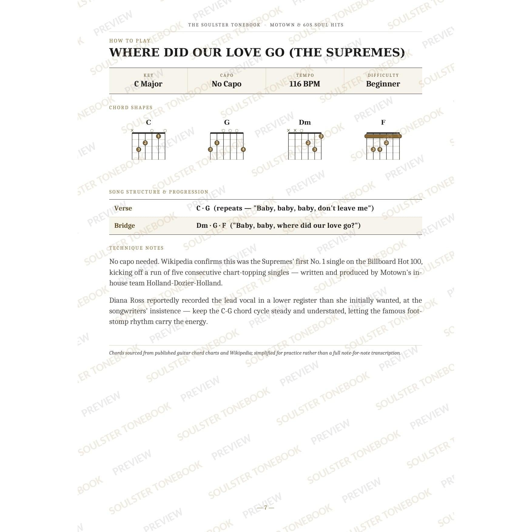 How-to-play page for 'Where Did Our Love Go (the Supremes)' by Motown & 60s Soul Hits, showing the key, capo, tempo and difficulty, printed chord-shape diagrams, a song-structure and chord-progression breakdown and technique notes — chord charts only, no lyrics or notation. A faint diagonal 'Soulster Tonebook · Preview' watermark repeats across the page.