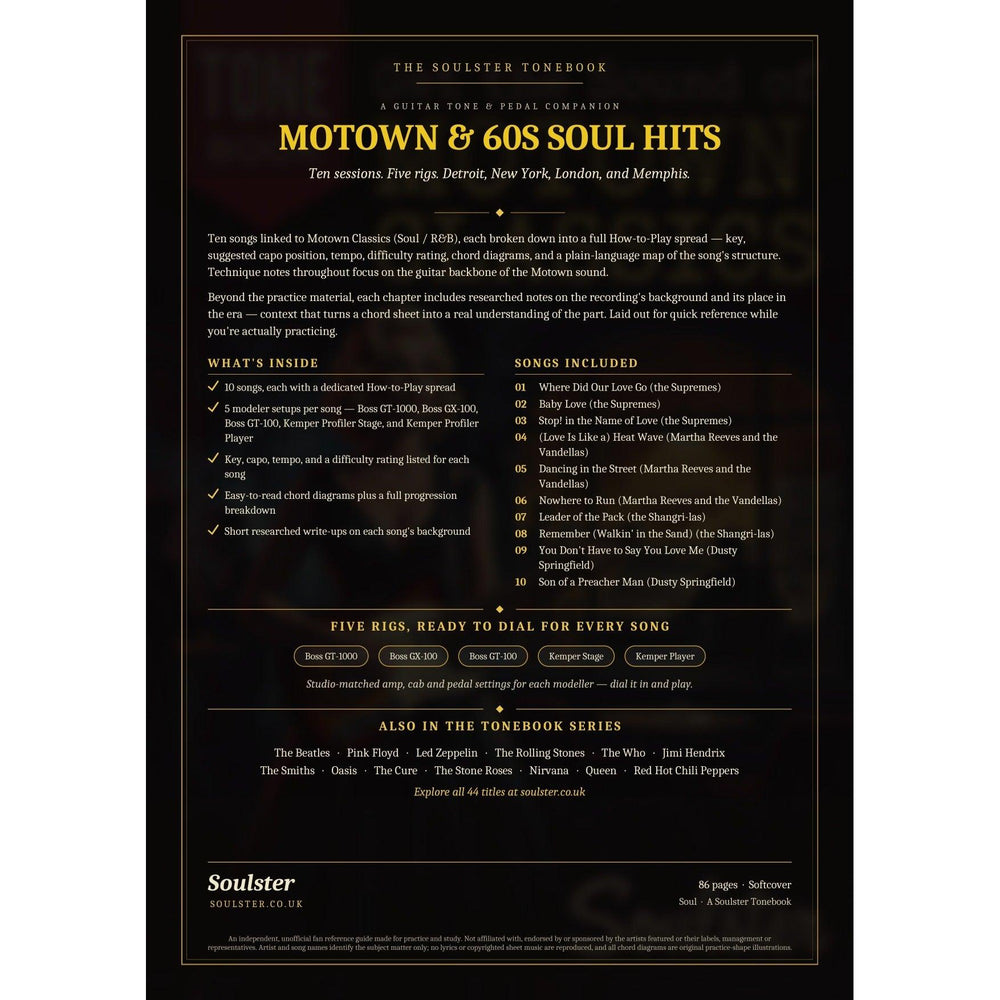 Back cover of the Motown & 60s Soul Hits Soulster Tonebook — a dark, gold-trimmed design with the title and tagline, a 'what's inside' list, the full 10-song track list, the five modeller rigs and other titles in the Soulster Tonebook series.