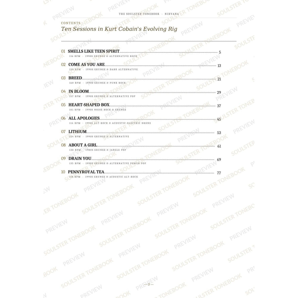 Contents page from the Nirvana Soulster Tonebook, listing all 10 songs with their tempos, genre tags and page numbers in a gold-and-black serif layout. A faint diagonal 'Soulster Tonebook · Preview' watermark repeats across the page.