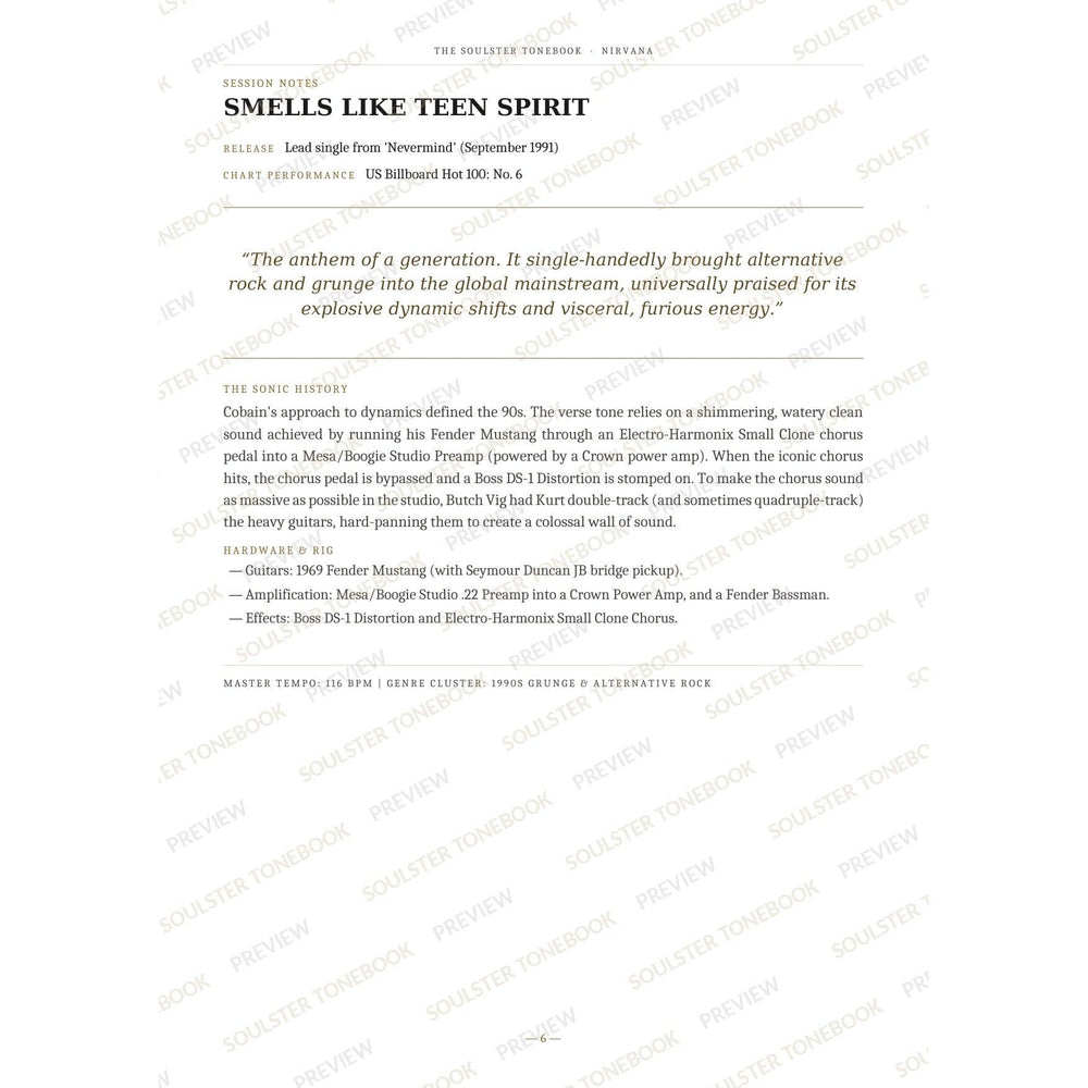 Session-notes page for 'Smells Like Teen Spirit' in the Nirvana Soulster Tonebook, with the track's release and chart history, a summary quote, a short 'sonic history' write-up and the hardware and rig used. A faint diagonal 'Soulster Tonebook · Preview' watermark repeats across the page.