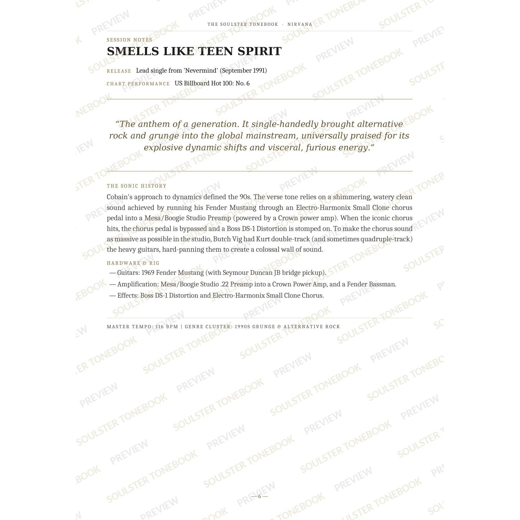 Session-notes page for 'Smells Like Teen Spirit' in the Nirvana Soulster Tonebook, with the track's release and chart history, a summary quote, a short 'sonic history' write-up and the hardware and rig used. A faint diagonal 'Soulster Tonebook · Preview' watermark repeats across the page.
