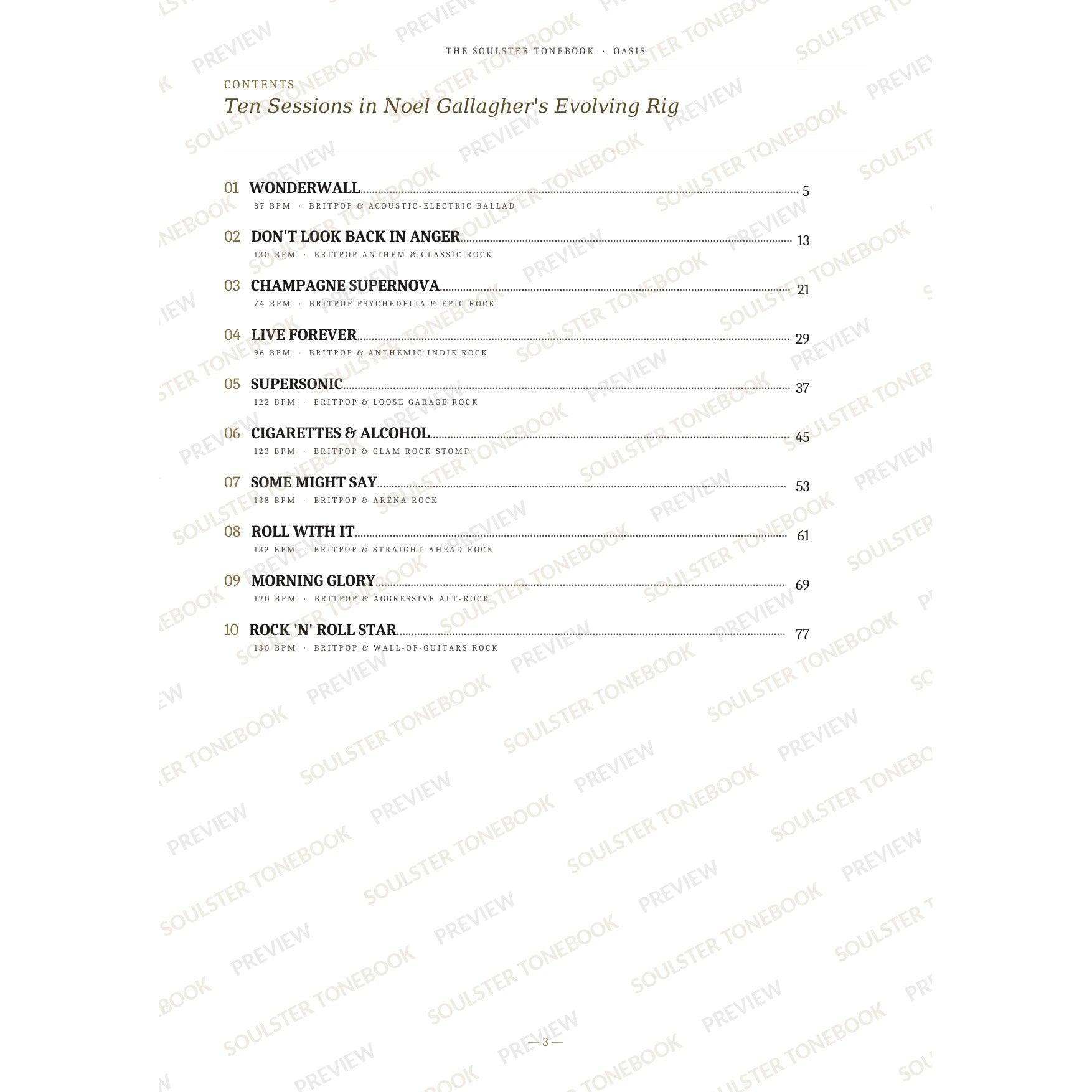 Contents page from the Oasis Soulster Tonebook, listing all 10 songs with their tempos, genre tags and page numbers in a gold-and-black serif layout. A faint diagonal 'Soulster Tonebook · Preview' watermark repeats across the page.