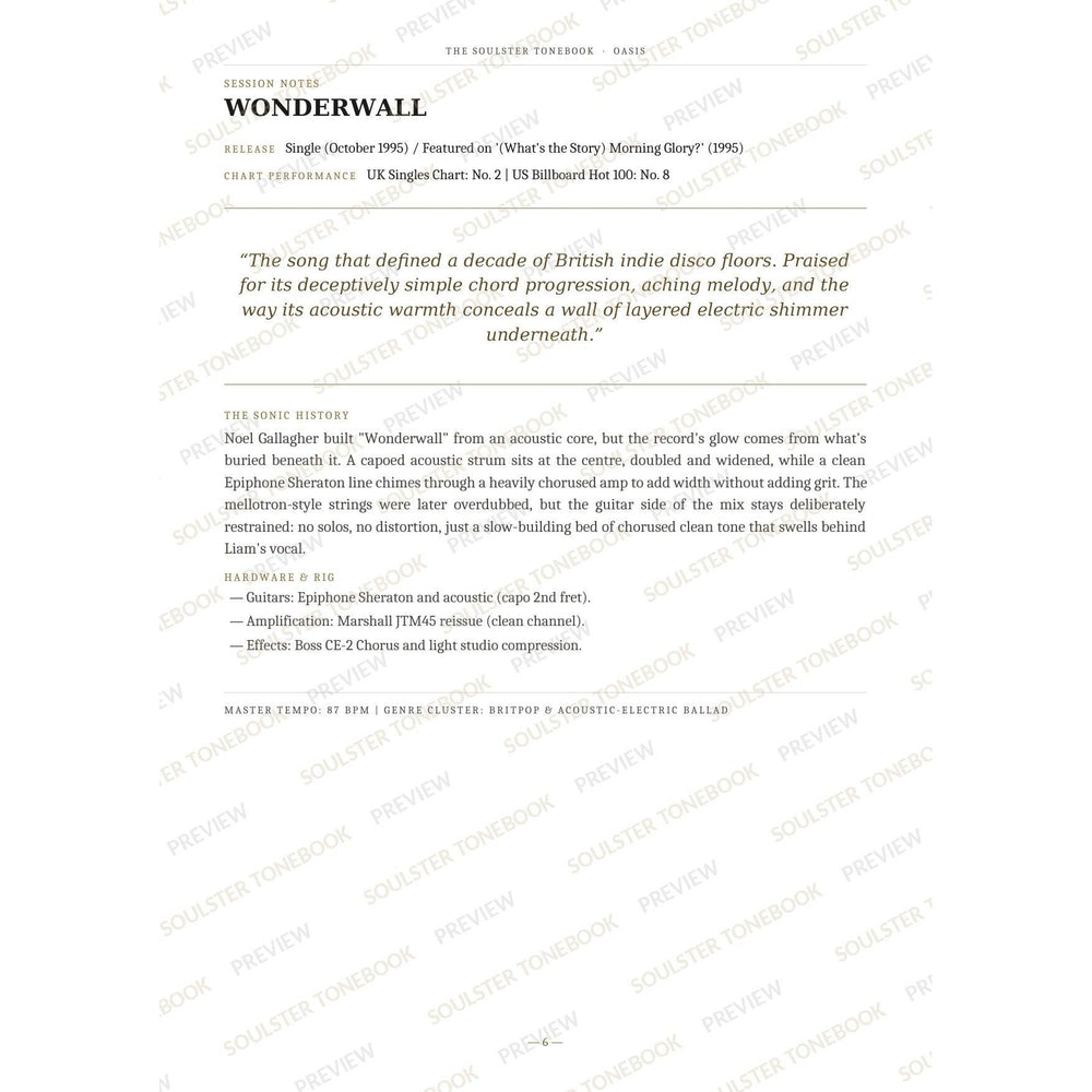 Session-notes page for 'Wonderwall' in the Oasis Soulster Tonebook, with the track's release and chart history, a summary quote, a short 'sonic history' write-up and the hardware and rig used. A faint diagonal 'Soulster Tonebook · Preview' watermark repeats across the page.