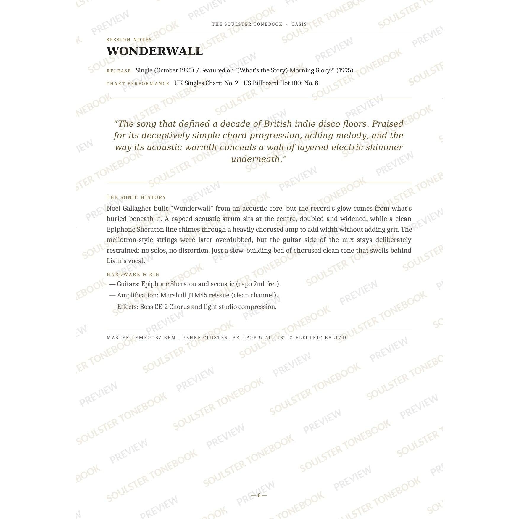 Session-notes page for 'Wonderwall' in the Oasis Soulster Tonebook, with the track's release and chart history, a summary quote, a short 'sonic history' write-up and the hardware and rig used. A faint diagonal 'Soulster Tonebook · Preview' watermark repeats across the page.