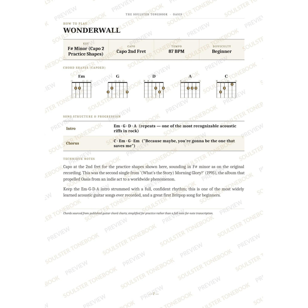 How-to-play page for 'Wonderwall' by Oasis, showing the key, capo, tempo and difficulty, printed chord-shape diagrams, a song-structure and chord-progression breakdown and technique notes — chord charts only, no lyrics or notation. A faint diagonal 'Soulster Tonebook · Preview' watermark repeats across the page.