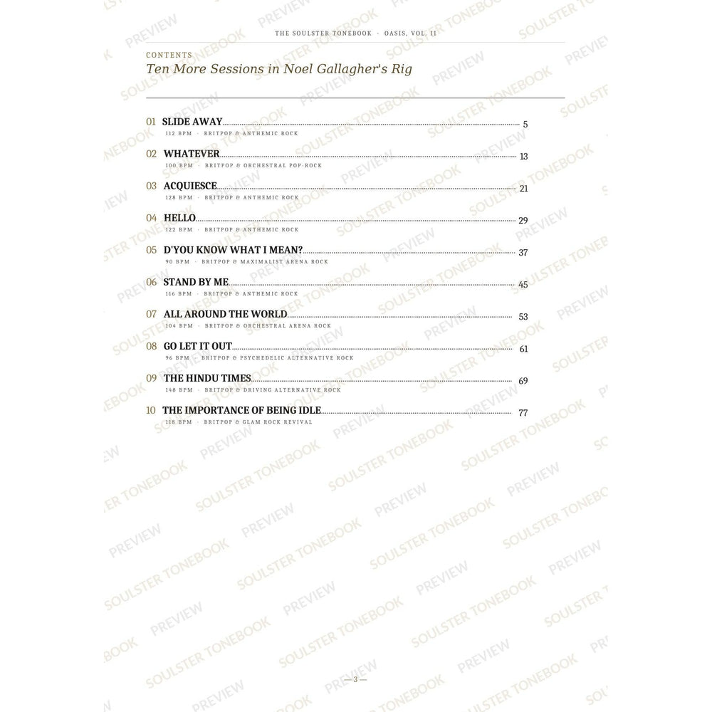 Contents page from the Oasis, Vol. II Soulster Tonebook, listing all 10 songs with their tempos, genre tags and page numbers in a gold-and-black serif layout. A faint diagonal 'Soulster Tonebook · Preview' watermark repeats across the page.