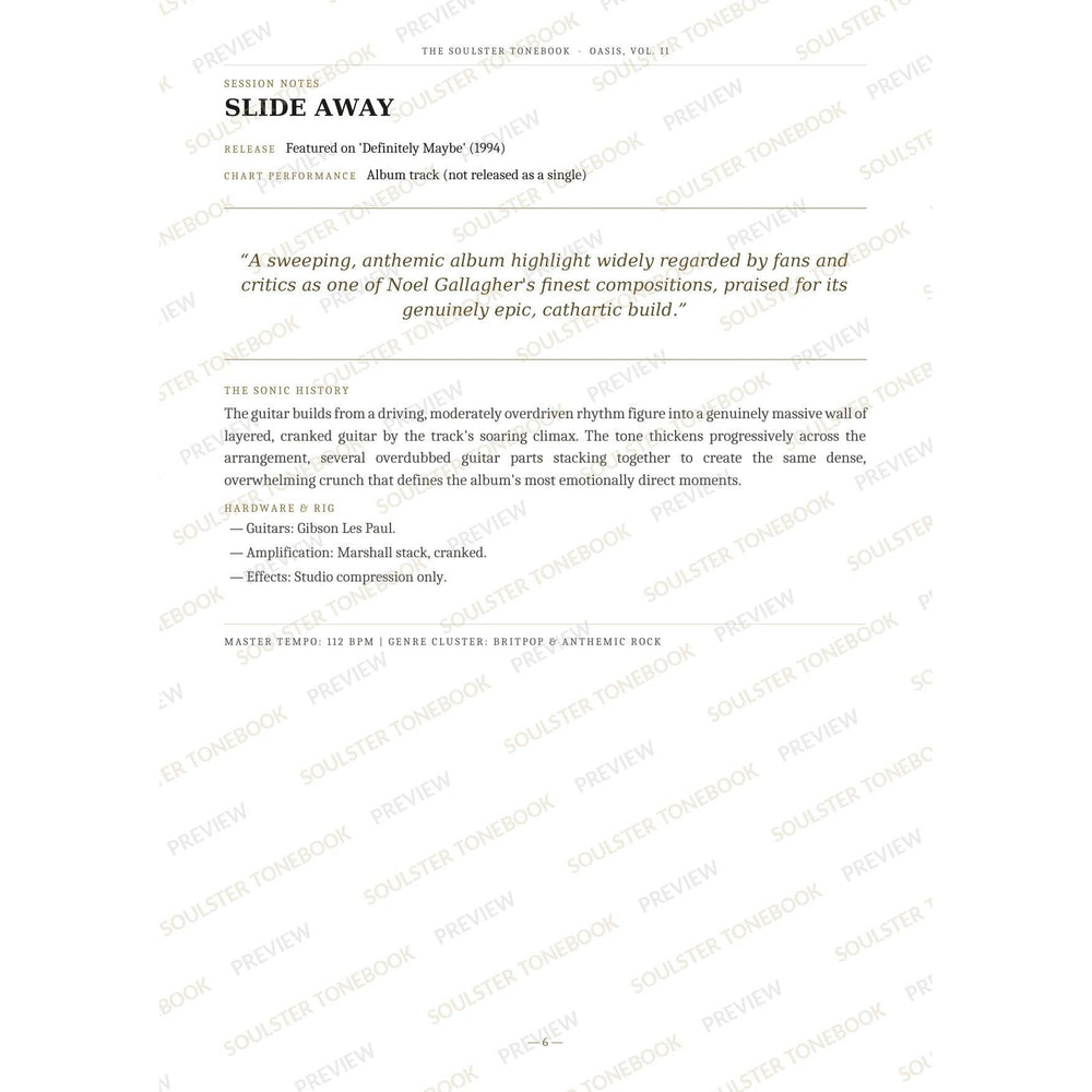 Session-notes page for 'Slide Away' in the Oasis, Vol. II Soulster Tonebook, with the track's release and chart history, a summary quote, a short 'sonic history' write-up and the hardware and rig used. A faint diagonal 'Soulster Tonebook · Preview' watermark repeats across the page.