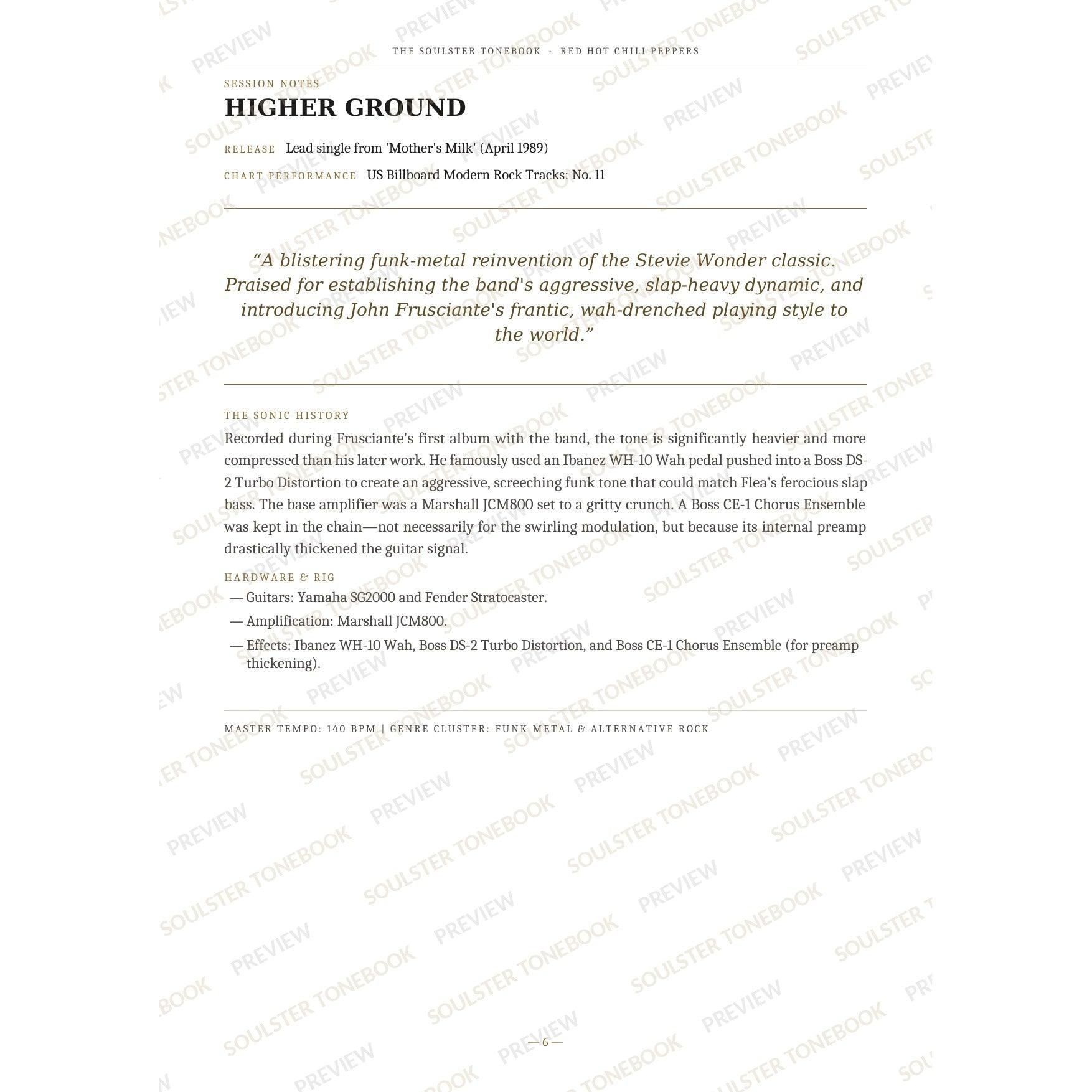 Session-notes page for 'Higher Ground' in the Red Hot Chili Peppers Soulster Tonebook, with the track's release and chart history, a summary quote, a short 'sonic history' write-up and the hardware and rig used. A faint diagonal 'Soulster Tonebook · Preview' watermark repeats across the page.