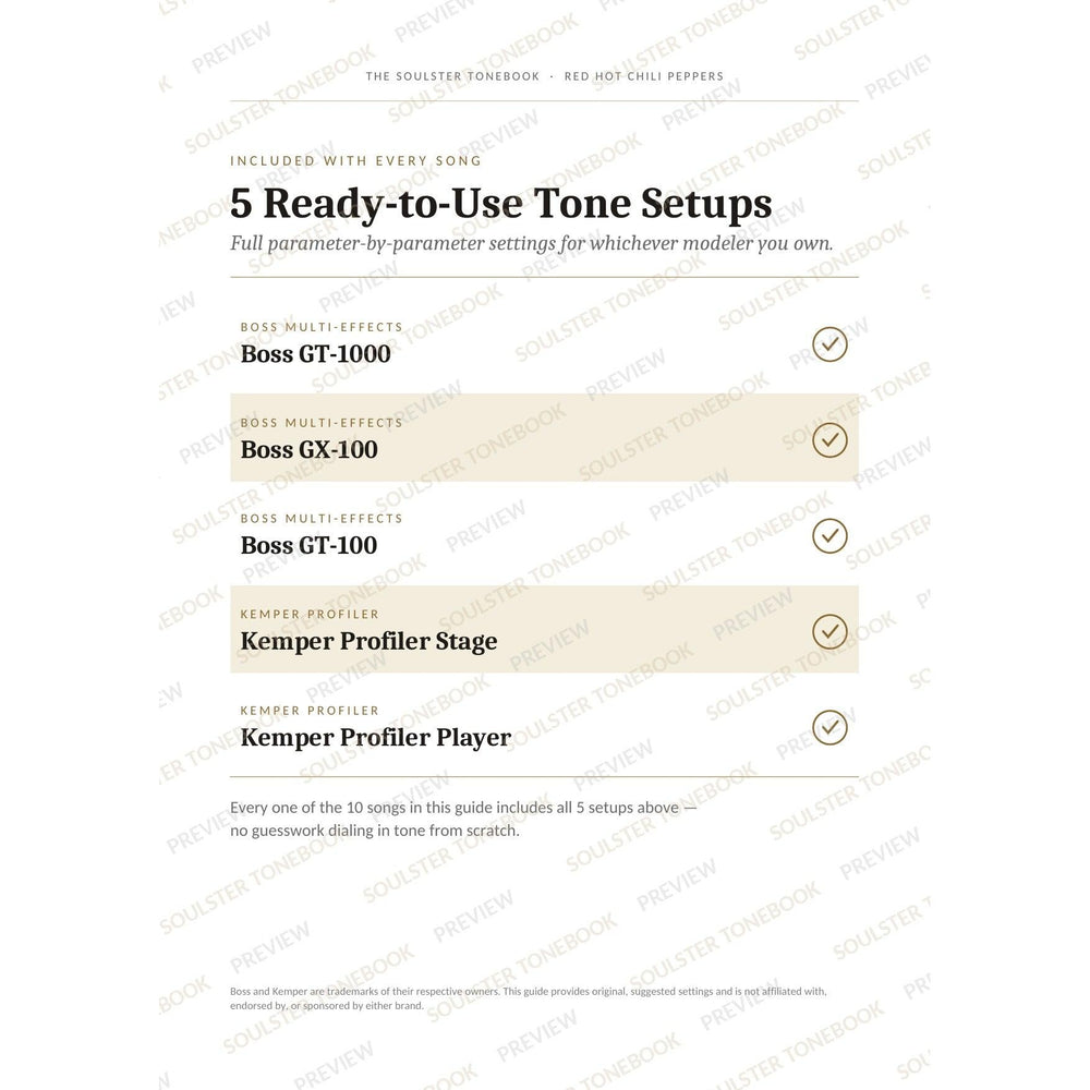 '5 Ready-to-Use Tone Setups' page from the Red Hot Chili Peppers Soulster Tonebook, listing the five included modeller rigs — Boss GT-1000, GX-100 and GT-100 and the Kemper Profiler Stage and Player — each marked with a gold tick. A faint diagonal 'Soulster Tonebook · Preview' watermark repeats across the page.