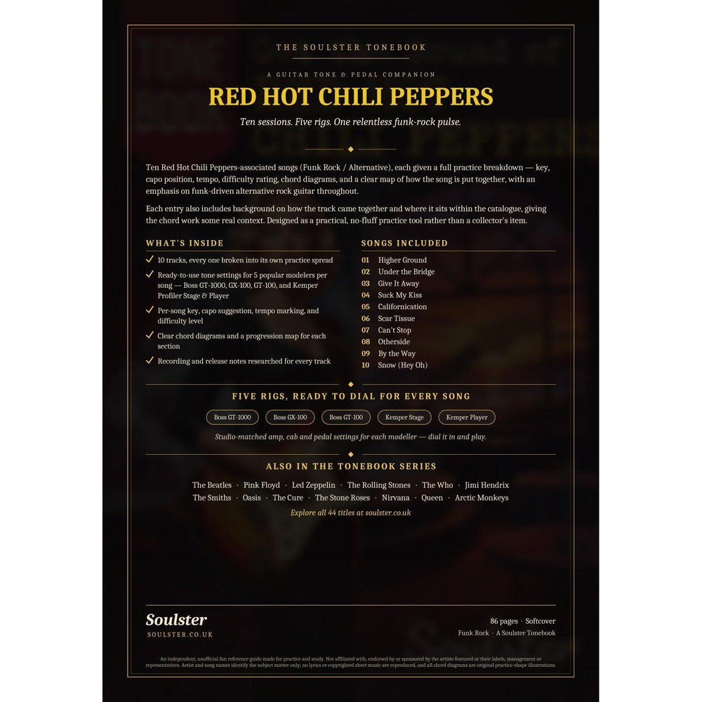 Back cover of the Red Hot Chili Peppers Soulster Tonebook — a dark, gold-trimmed design with the title and tagline, a 'what's inside' list, the full 10-song track list, the five modeller rigs and other titles in the Soulster Tonebook series.