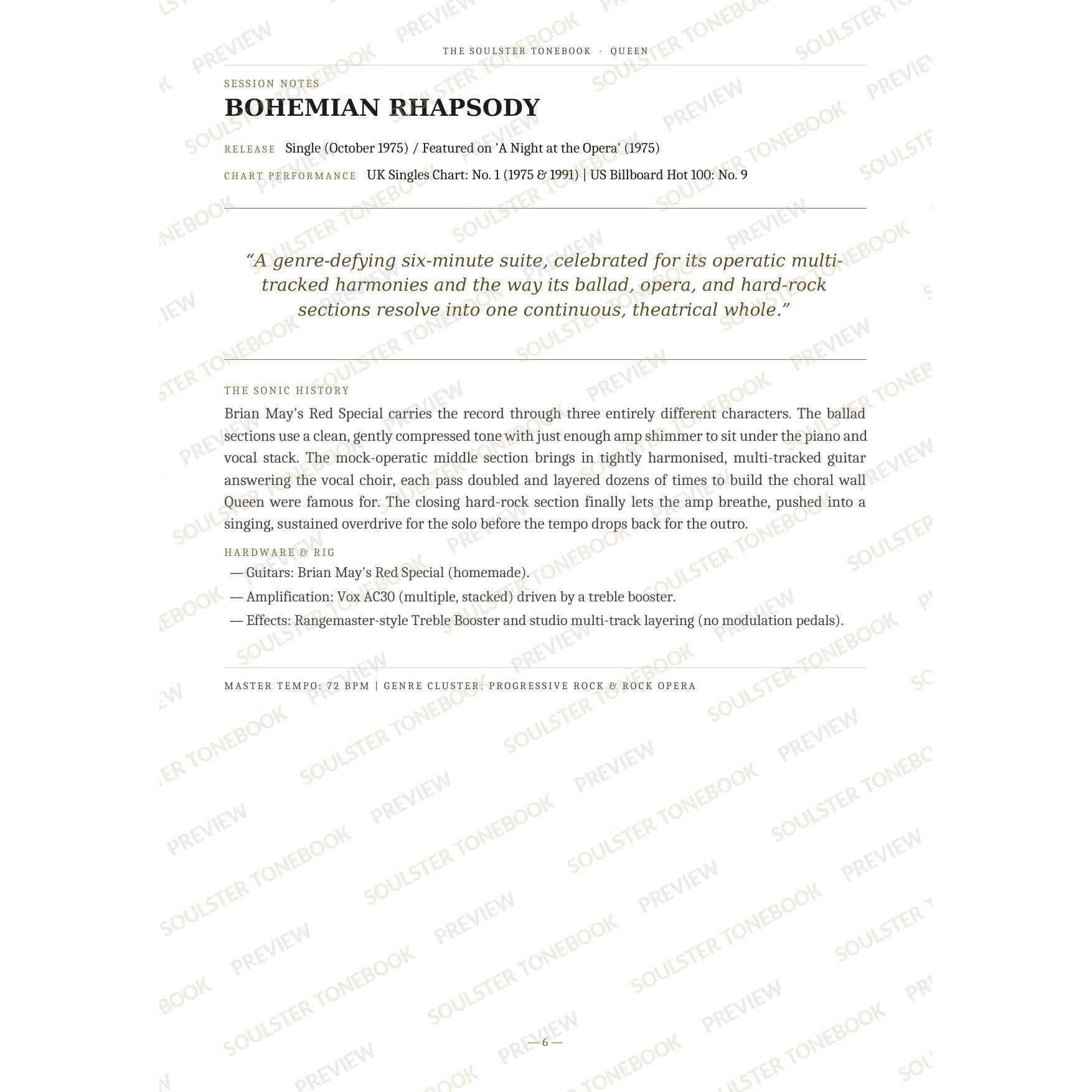 Session-notes page for 'Bohemian Rhapsody' in the Queen Soulster Tonebook, with the track's release and chart history, a summary quote, a short 'sonic history' write-up and the hardware and rig used. A faint diagonal 'Soulster Tonebook · Preview' watermark repeats across the page.