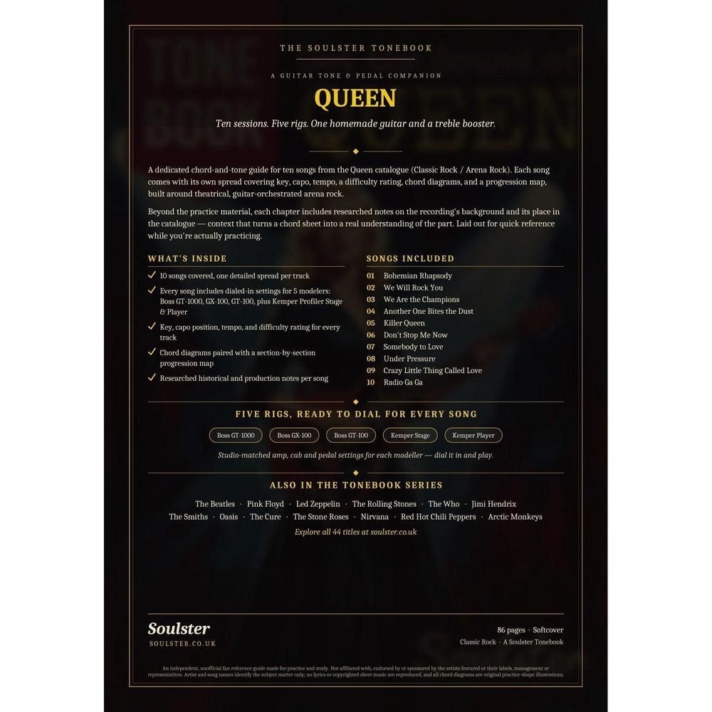 Back cover of the Queen Soulster Tonebook — a dark, gold-trimmed design with the title and tagline, a 'what's inside' list, the full 10-song track list, the five modeller rigs and other titles in the Soulster Tonebook series.