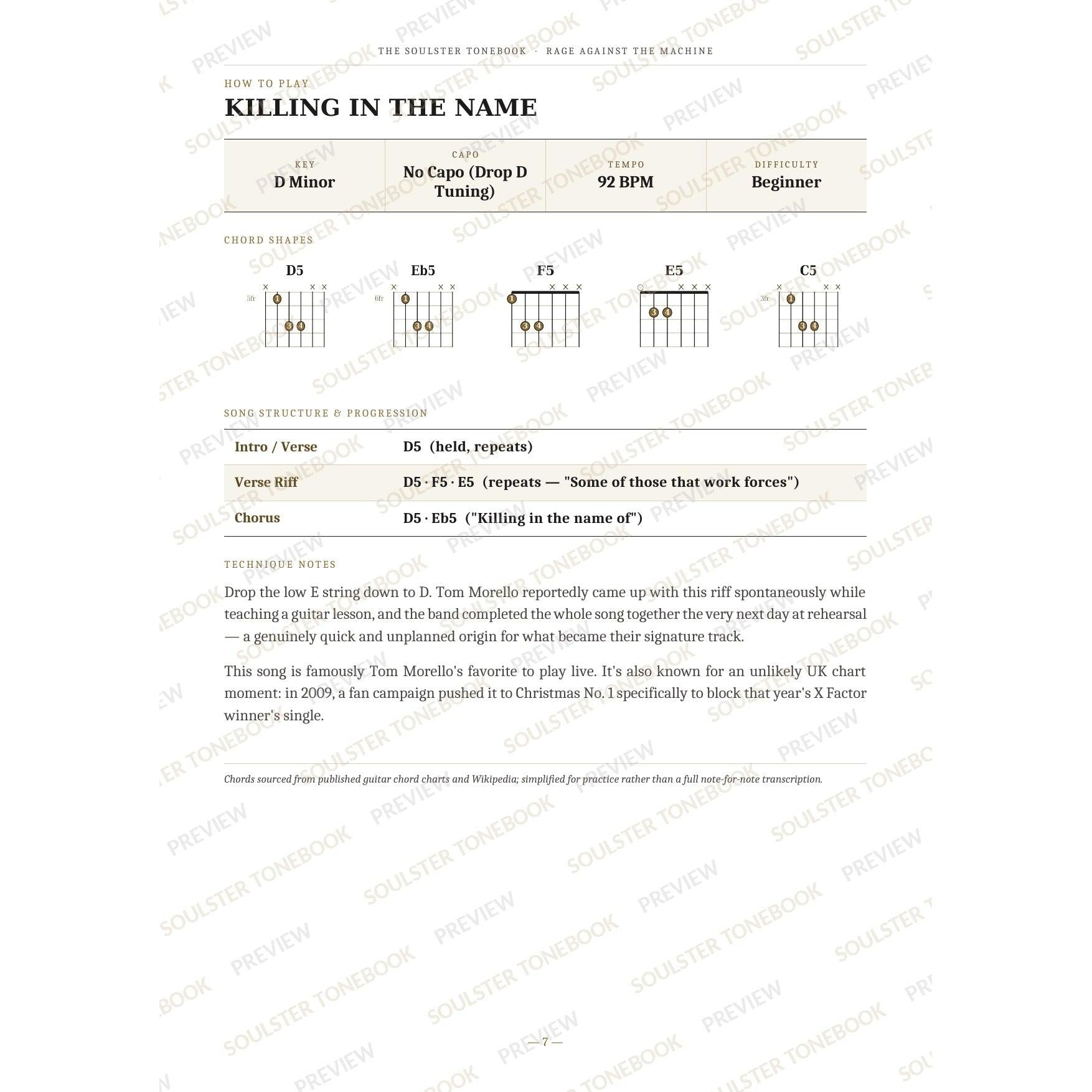 How-to-play page for 'Killing in the Name' by Rage Against the Machine, showing the key, capo, tempo and difficulty, printed chord-shape diagrams, a song-structure and chord-progression breakdown and technique notes — chord charts only, no lyrics or notation. A faint diagonal 'Soulster Tonebook · Preview' watermark repeats across the page.