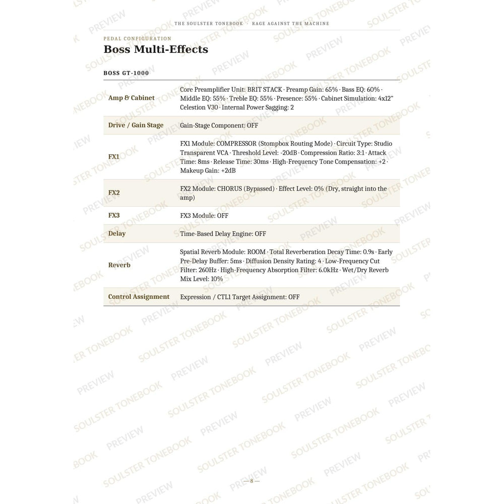 Boss GT-1000 pedal-settings page for 'Killing in the Name' in the Rage Against the Machine Soulster Tonebook, giving parameter-by-parameter amp, cabinet, drive, FX, delay and reverb values in a two-column table. A faint diagonal 'Soulster Tonebook · Preview' watermark repeats across the page.