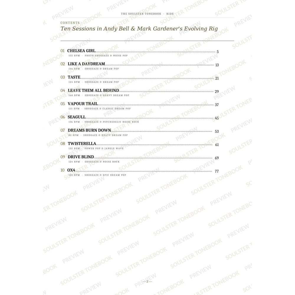 Contents page from the Ride Soulster Tonebook, listing all 10 songs with their tempos, genre tags and page numbers in a gold-and-black serif layout. A faint diagonal 'Soulster Tonebook · Preview' watermark repeats across the page.