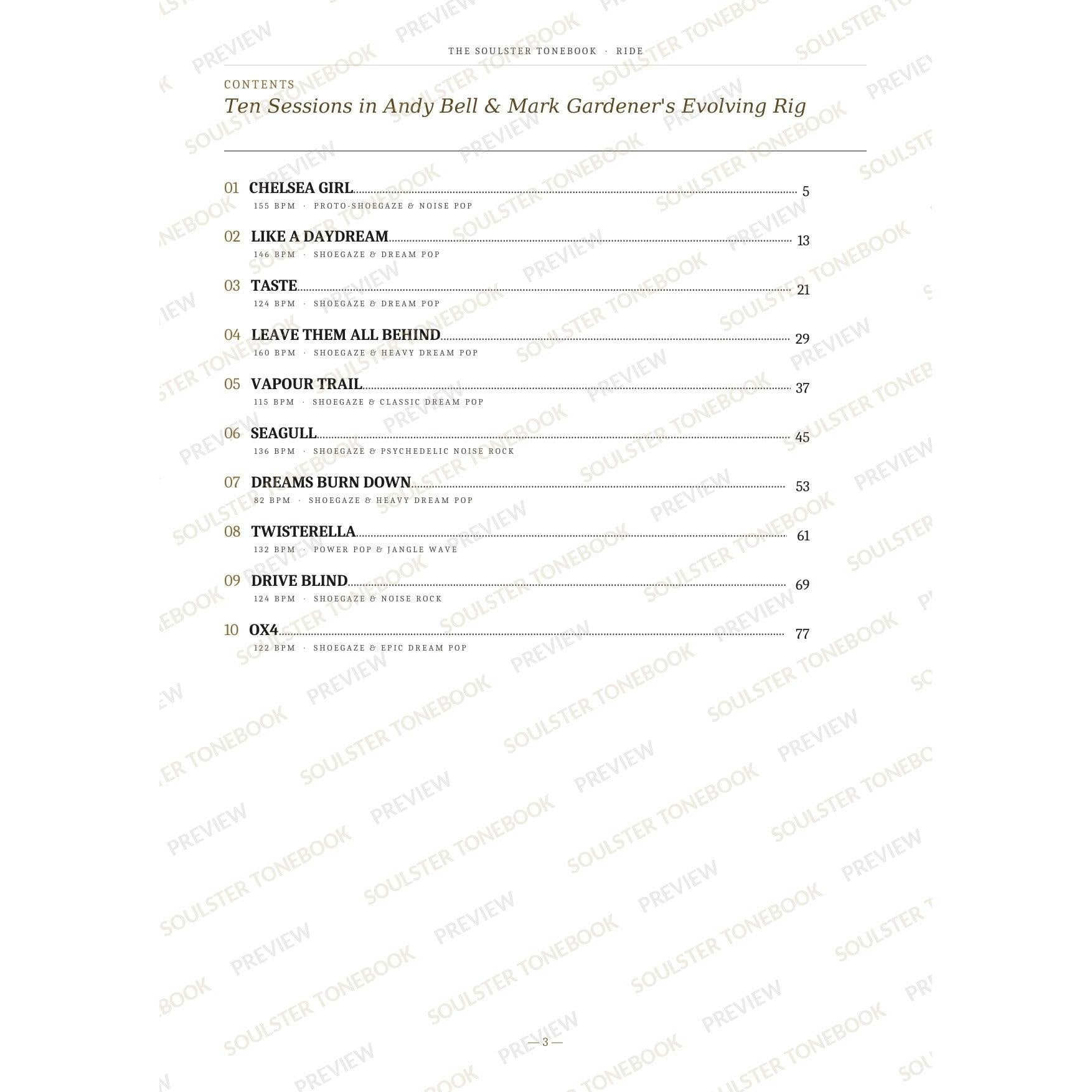 Contents page from the Ride Soulster Tonebook, listing all 10 songs with their tempos, genre tags and page numbers in a gold-and-black serif layout. A faint diagonal 'Soulster Tonebook · Preview' watermark repeats across the page.