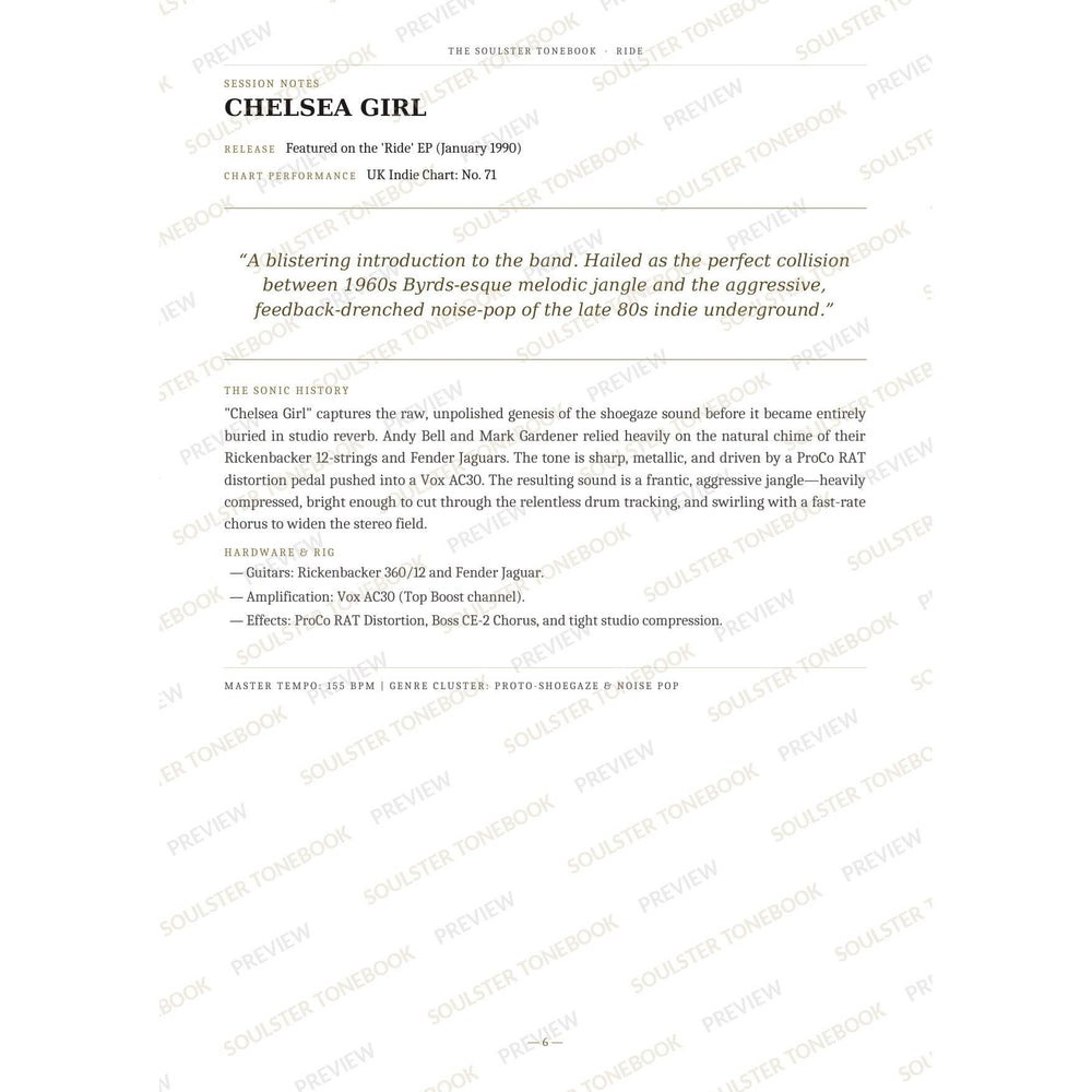 Session-notes page for 'Chelsea Girl' in the Ride Soulster Tonebook, with the track's release and chart history, a summary quote, a short 'sonic history' write-up and the hardware and rig used. A faint diagonal 'Soulster Tonebook · Preview' watermark repeats across the page.