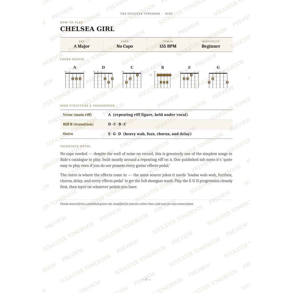 How-to-play page for 'Chelsea Girl' by Ride, showing the key, capo, tempo and difficulty, printed chord-shape diagrams, a song-structure and chord-progression breakdown and technique notes — chord charts only, no lyrics or notation. A faint diagonal 'Soulster Tonebook · Preview' watermark repeats across the page.