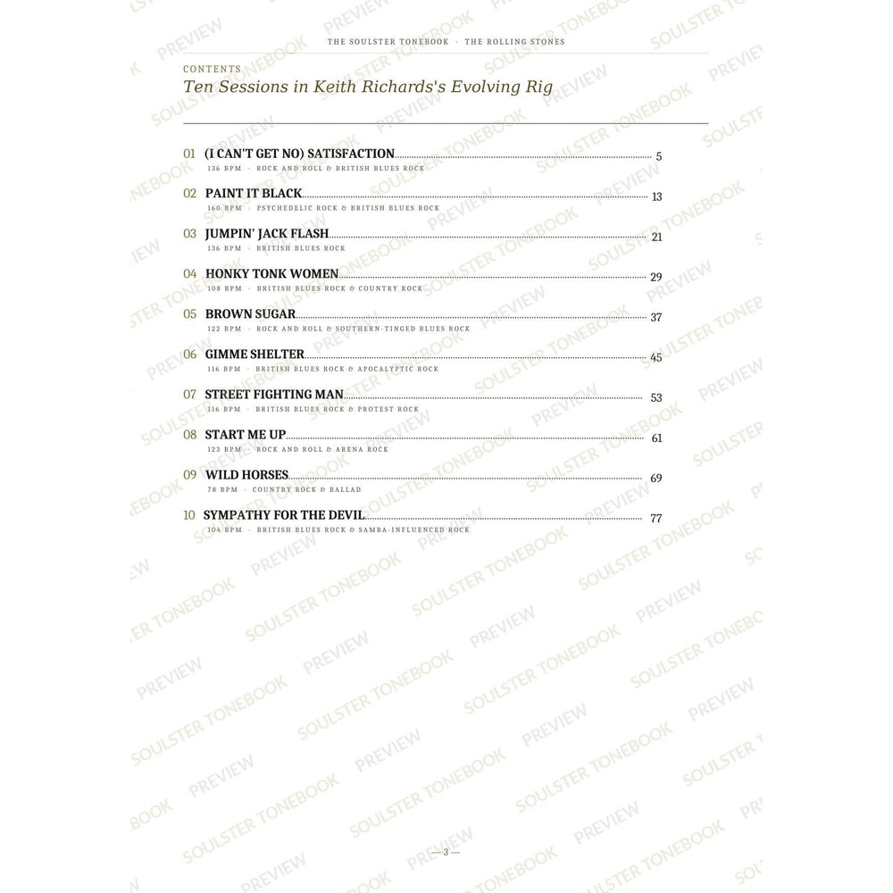 Contents page from The Rolling Stones Soulster Tonebook, listing all 10 songs with their tempos, genre tags and page numbers in a gold-and-black serif layout. A faint diagonal 'Soulster Tonebook · Preview' watermark repeats across the page.