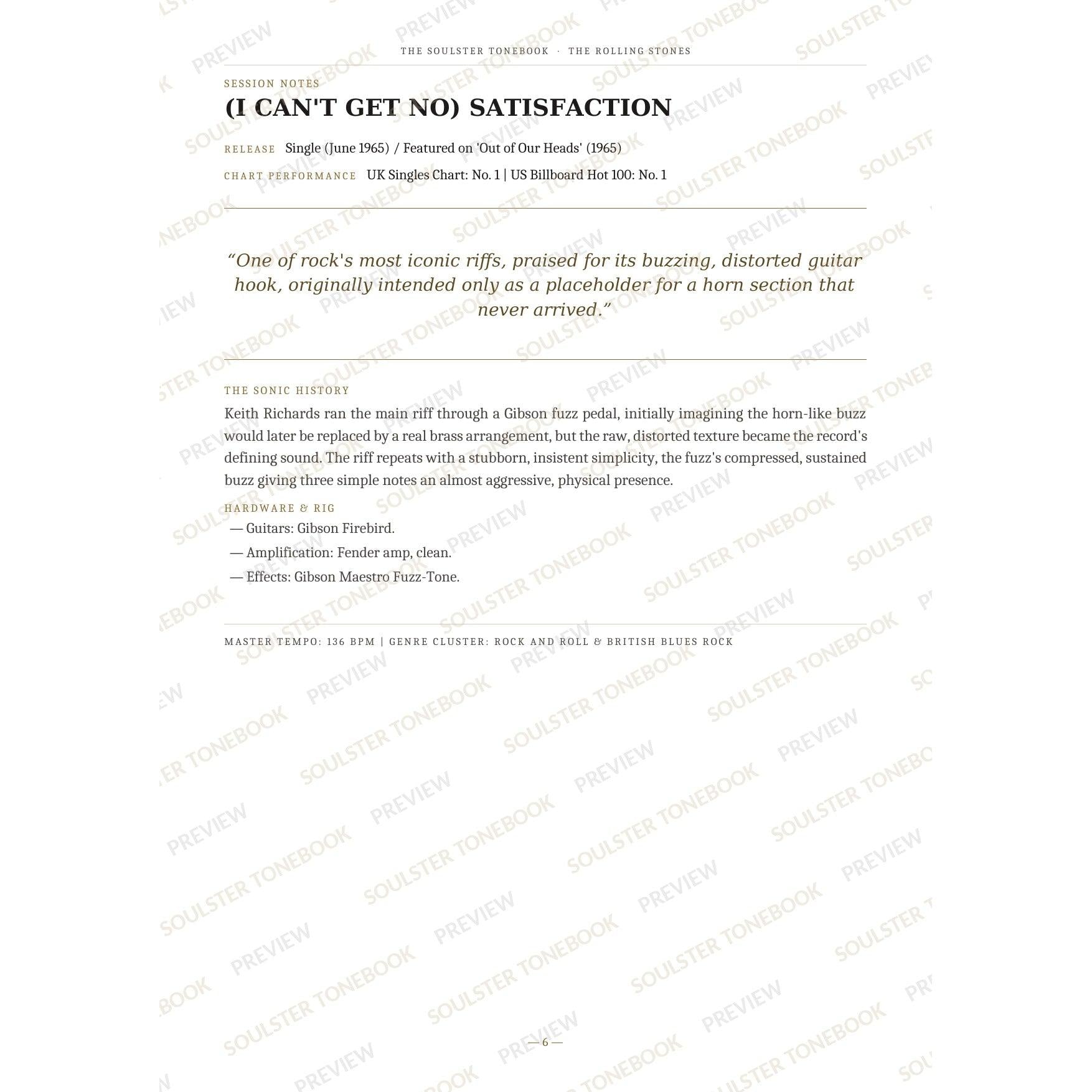 Session-notes page for '(I Can't Get No) Satisfaction' in The Rolling Stones Soulster Tonebook, with the track's release and chart history, a summary quote, a short 'sonic history' write-up and the hardware and rig used. A faint diagonal 'Soulster Tonebook · Preview' watermark repeats across the page.