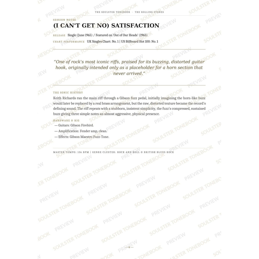 Session-notes page for '(I Can't Get No) Satisfaction' in The Rolling Stones Soulster Tonebook, with the track's release and chart history, a summary quote, a short 'sonic history' write-up and the hardware and rig used. A faint diagonal 'Soulster Tonebook · Preview' watermark repeats across the page.