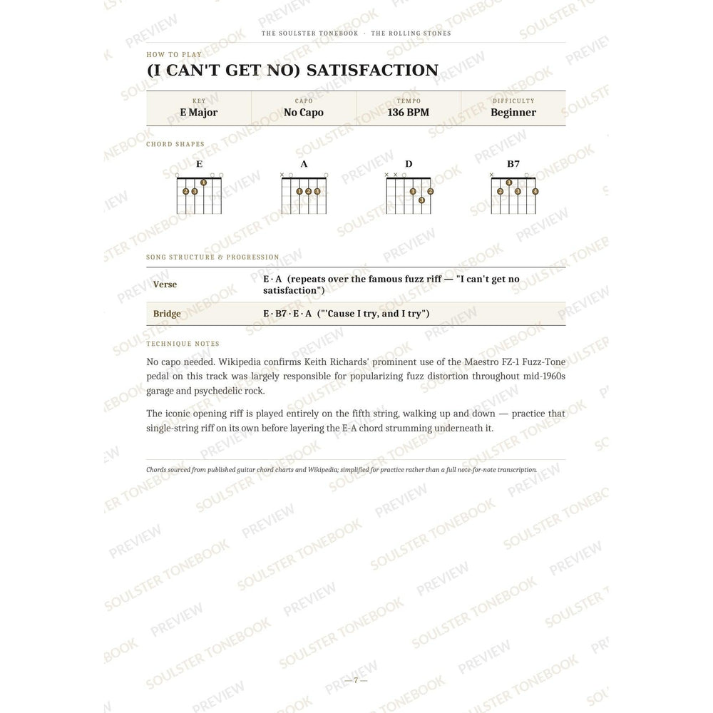 How-to-play page for '(I Can't Get No) Satisfaction' by The Rolling Stones, showing the key, capo, tempo and difficulty, printed chord-shape diagrams, a song-structure and chord-progression breakdown and technique notes — chord charts only, no lyrics or notation. A faint diagonal 'Soulster Tonebook · Preview' watermark repeats across the page.