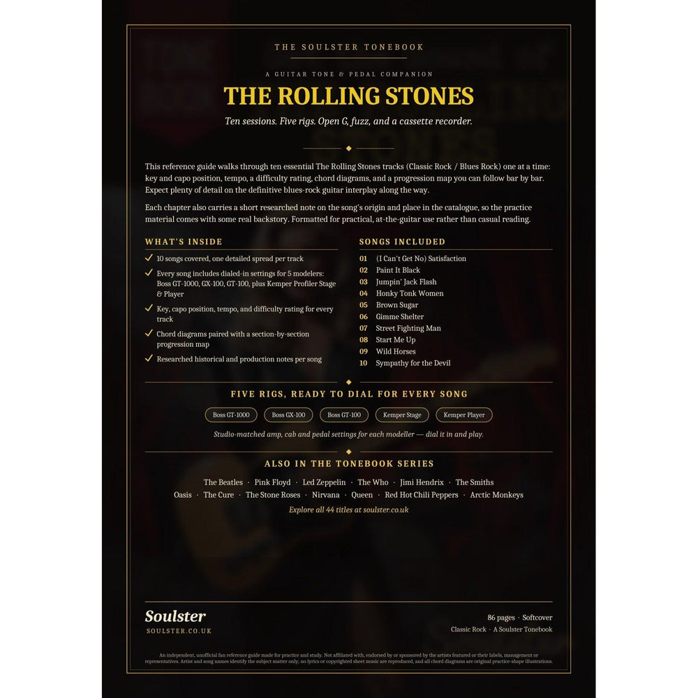 Back cover of The Rolling Stones Soulster Tonebook — a dark, gold-trimmed design with the title and tagline, a 'what's inside' list, the full 10-song track list, the five modeller rigs and other titles in the Soulster Tonebook series.