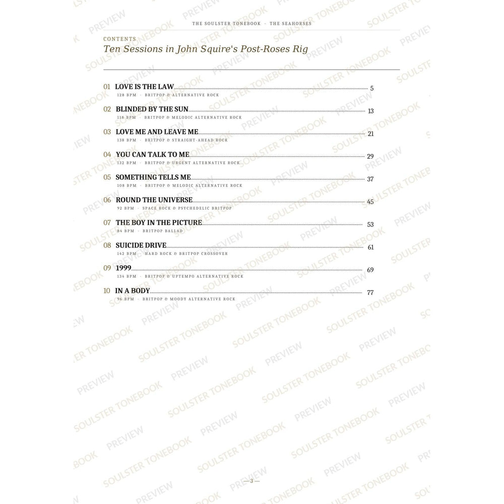 Contents page from The Seahorses Soulster Tonebook, listing all 10 songs with their tempos, genre tags and page numbers in a gold-and-black serif layout. A faint diagonal 'Soulster Tonebook · Preview' watermark repeats across the page.