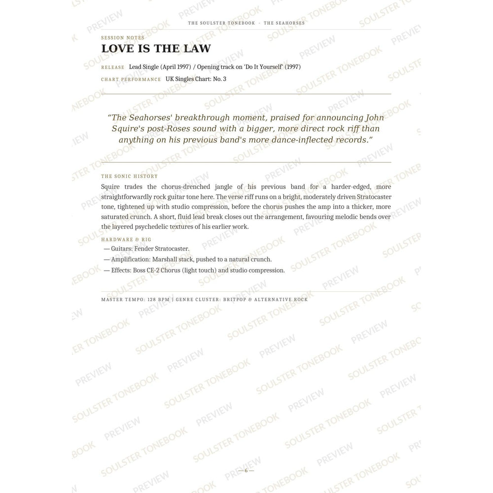 Session-notes page for 'Love Is the Law' in The Seahorses Soulster Tonebook, with the track's release and chart history, a summary quote, a short 'sonic history' write-up and the hardware and rig used. A faint diagonal 'Soulster Tonebook · Preview' watermark repeats across the page.