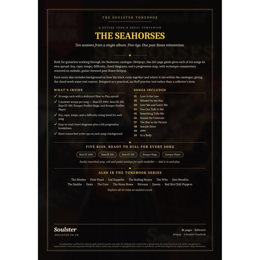 Back cover of The Seahorses Soulster Tonebook — a dark, gold-trimmed design with the title and tagline, a 'what's inside' list, the full 10-song track list, the five modeller rigs and other titles in the Soulster Tonebook series.