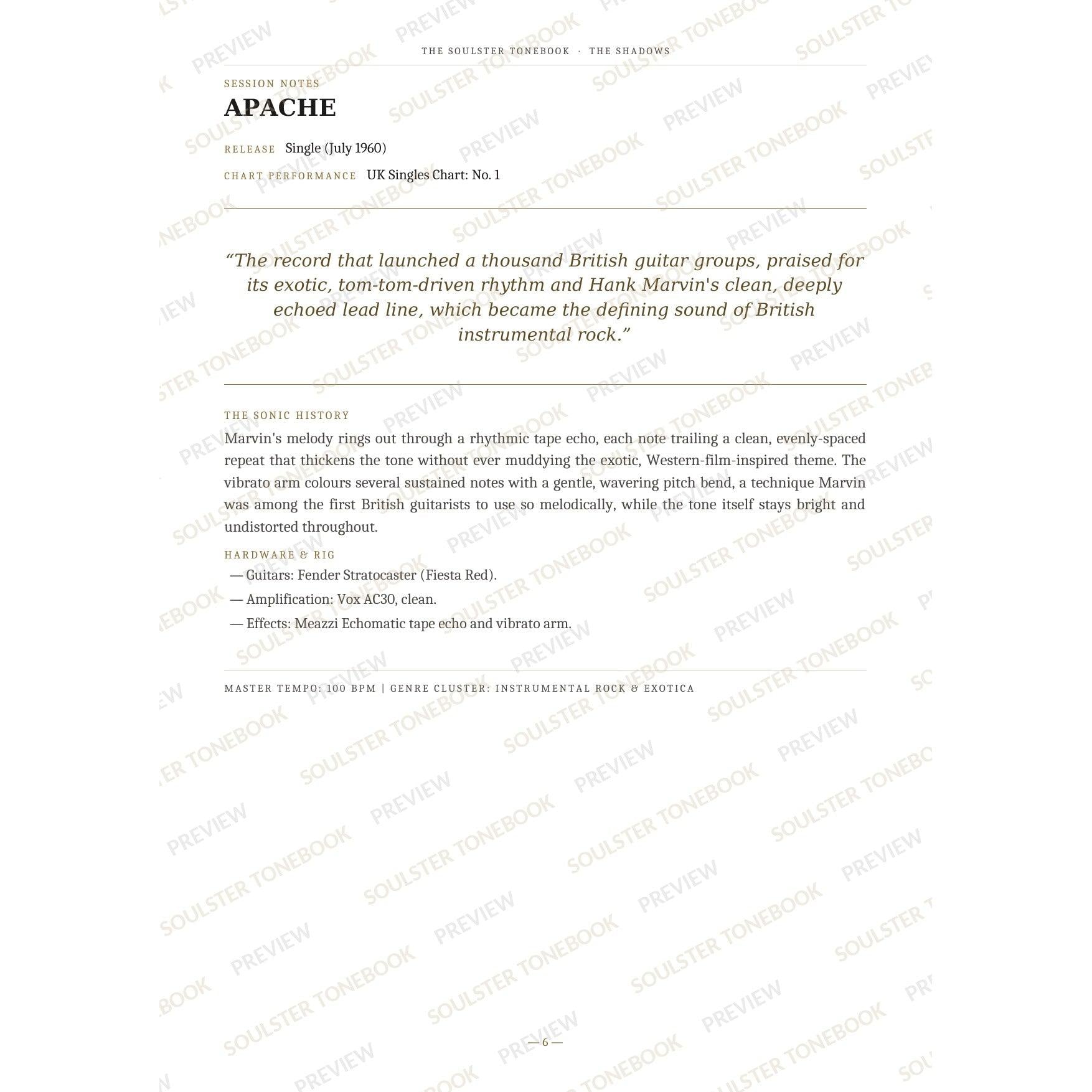 Session-notes page for 'Apache' in The Shadows Soulster Tonebook, with the track's release and chart history, a summary quote, a short 'sonic history' write-up and the hardware and rig used. A faint diagonal 'Soulster Tonebook · Preview' watermark repeats across the page.