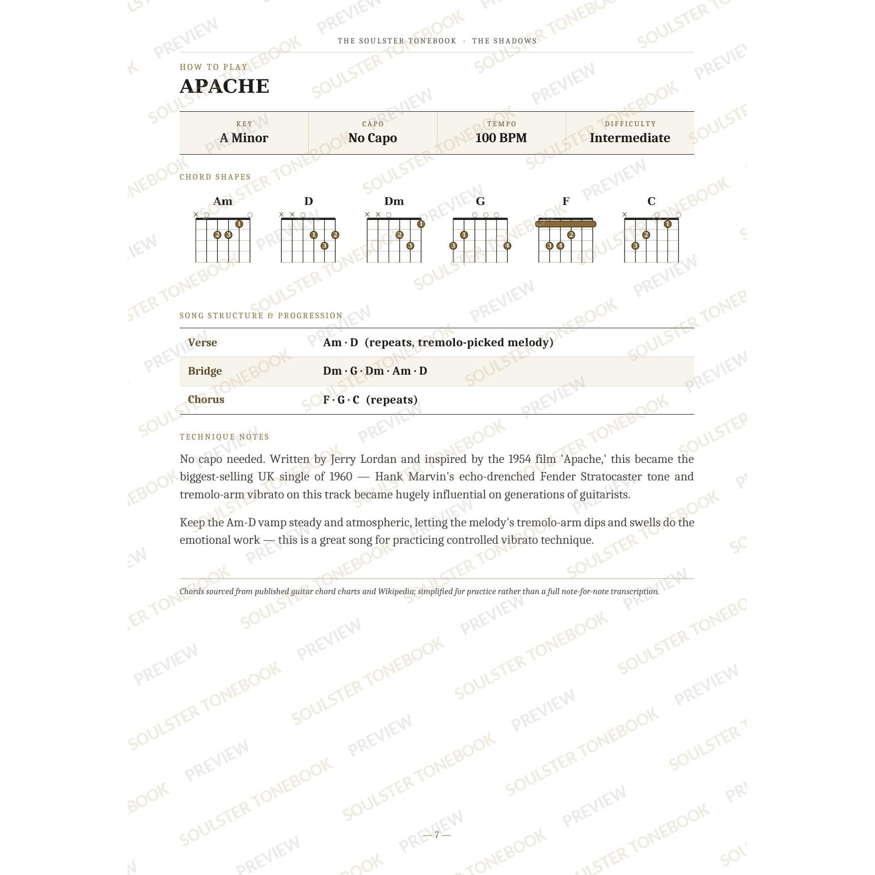 How-to-play page for 'Apache' by The Shadows, showing the key, capo, tempo and difficulty, printed chord-shape diagrams, a song-structure and chord-progression breakdown and technique notes — chord charts only, no lyrics or notation. A faint diagonal 'Soulster Tonebook · Preview' watermark repeats across the page.