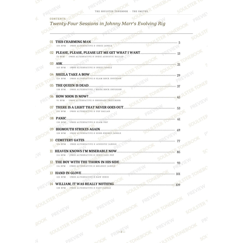 Contents page from The Smiths Soulster Tonebook, listing all 24 songs with their tempos, genre tags and page numbers in a gold-and-black serif layout. A faint diagonal 'Soulster Tonebook · Preview' watermark repeats across the page.