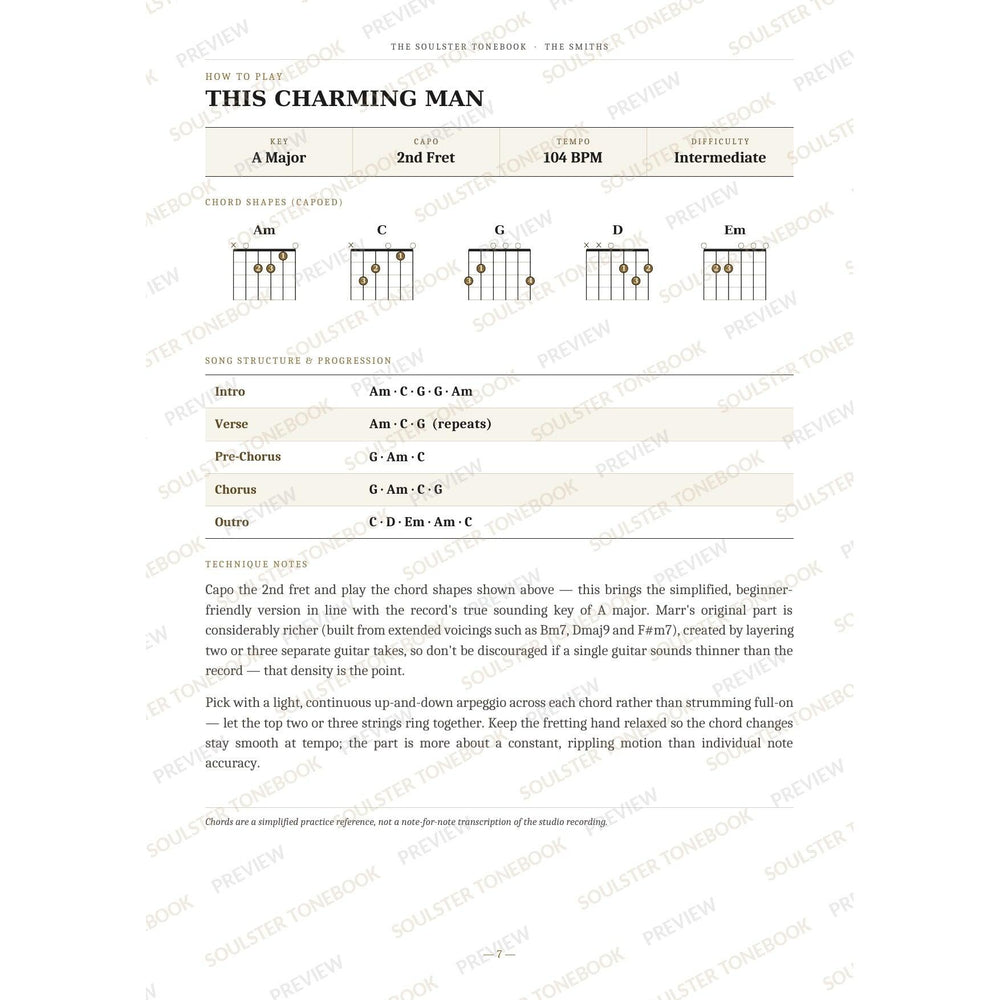 How-to-play page for 'This Charming Man' by The Smiths, showing the key, capo, tempo and difficulty, printed chord-shape diagrams, a song-structure and chord-progression breakdown and technique notes — chord charts only, no lyrics or notation. A faint diagonal 'Soulster Tonebook · Preview' watermark repeats across the page.