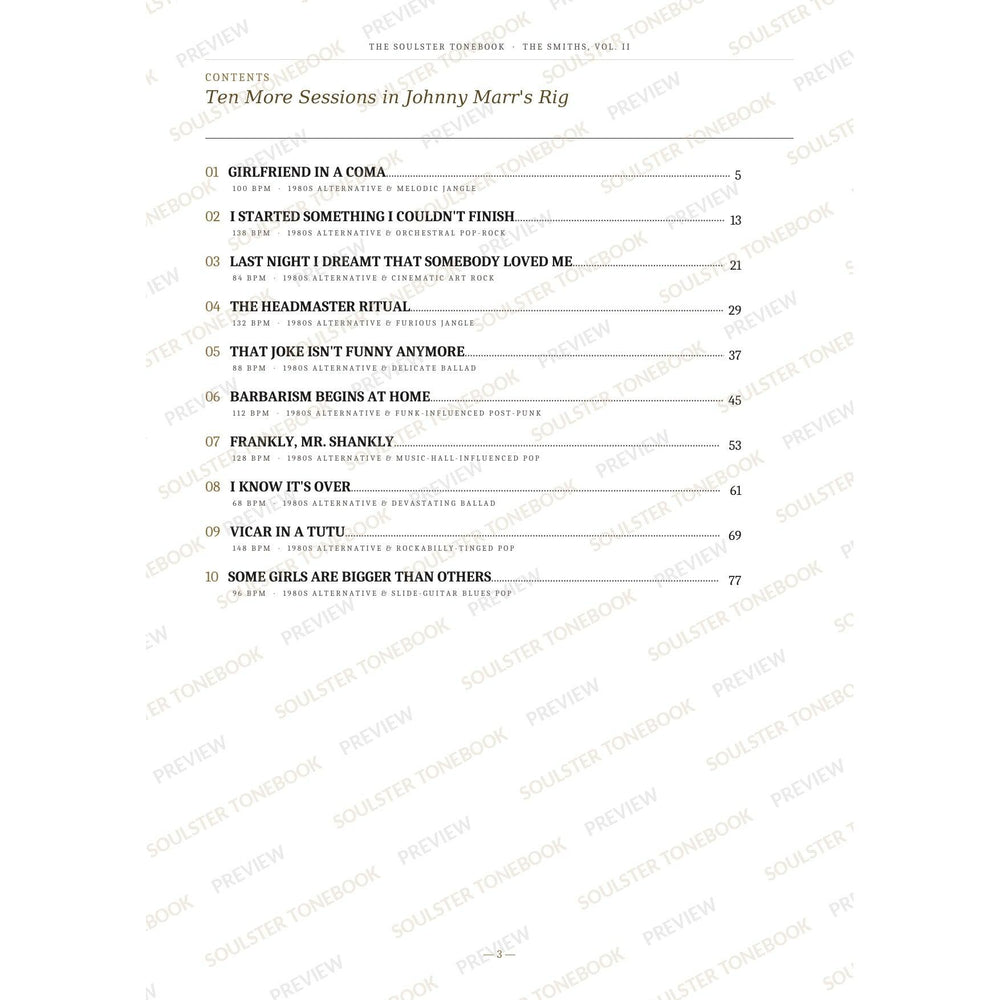 Contents page from The Smiths, Vol. II Soulster Tonebook, listing all 10 songs with their tempos, genre tags and page numbers in a gold-and-black serif layout. A faint diagonal 'Soulster Tonebook · Preview' watermark repeats across the page.