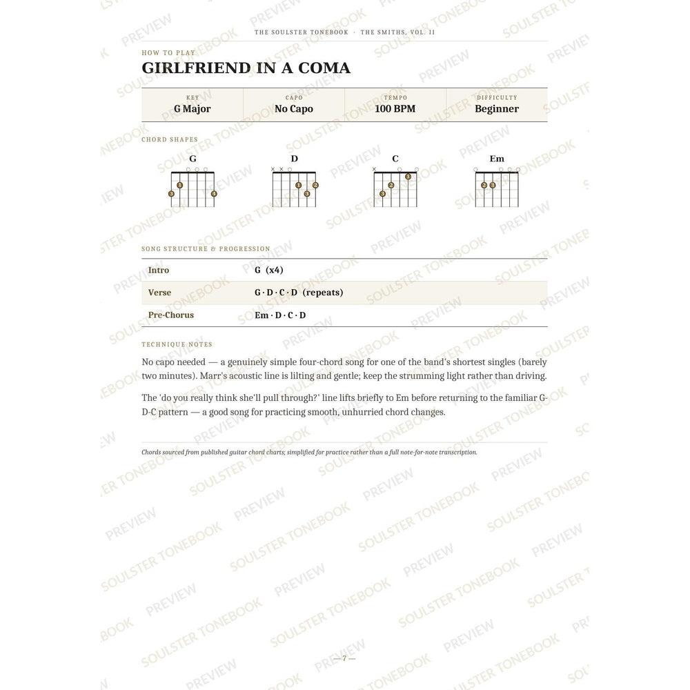 How-to-play page for 'Girlfriend in a Coma' by The Smiths, showing the key, capo, tempo and difficulty, printed chord-shape diagrams, a song-structure and chord-progression breakdown and technique notes — chord charts only, no lyrics or notation. A faint diagonal 'Soulster Tonebook · Preview' watermark repeats across the page.