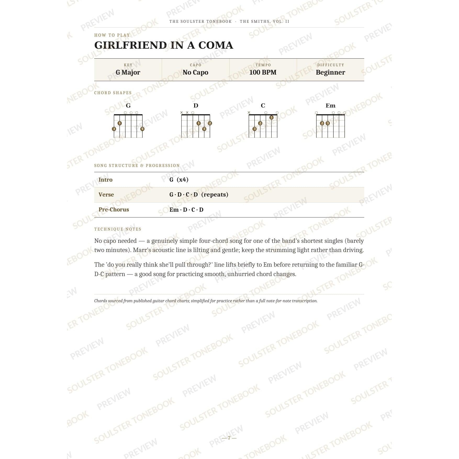 How-to-play page for 'Girlfriend in a Coma' by The Smiths, showing the key, capo, tempo and difficulty, printed chord-shape diagrams, a song-structure and chord-progression breakdown and technique notes — chord charts only, no lyrics or notation. A faint diagonal 'Soulster Tonebook · Preview' watermark repeats across the page.