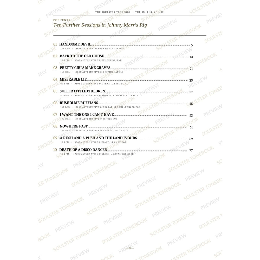 Contents page from The Smiths, Vol. III Soulster Tonebook, listing all 10 songs with their tempos, genre tags and page numbers in a gold-and-black serif layout. A faint diagonal 'Soulster Tonebook · Preview' watermark repeats across the page.