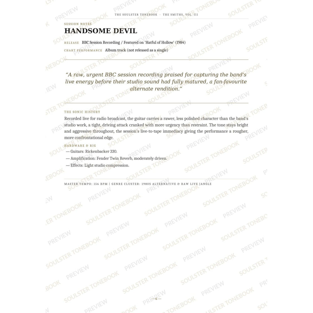 Session-notes page for 'Handsome Devil' in The Smiths, Vol. III Soulster Tonebook, with the track's release and chart history, a summary quote, a short 'sonic history' write-up and the hardware and rig used. A faint diagonal 'Soulster Tonebook · Preview' watermark repeats across the page.