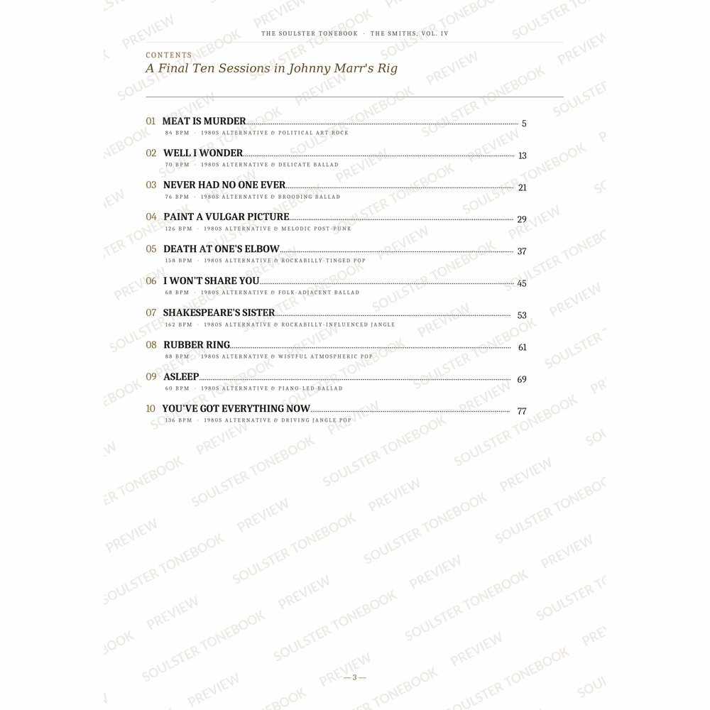 Contents page from The Smiths, Vol. IV Soulster Tonebook, listing all 10 songs with their tempos, genre tags and page numbers in a gold-and-black serif layout. A faint diagonal 'Soulster Tonebook · Preview' watermark repeats across the page.