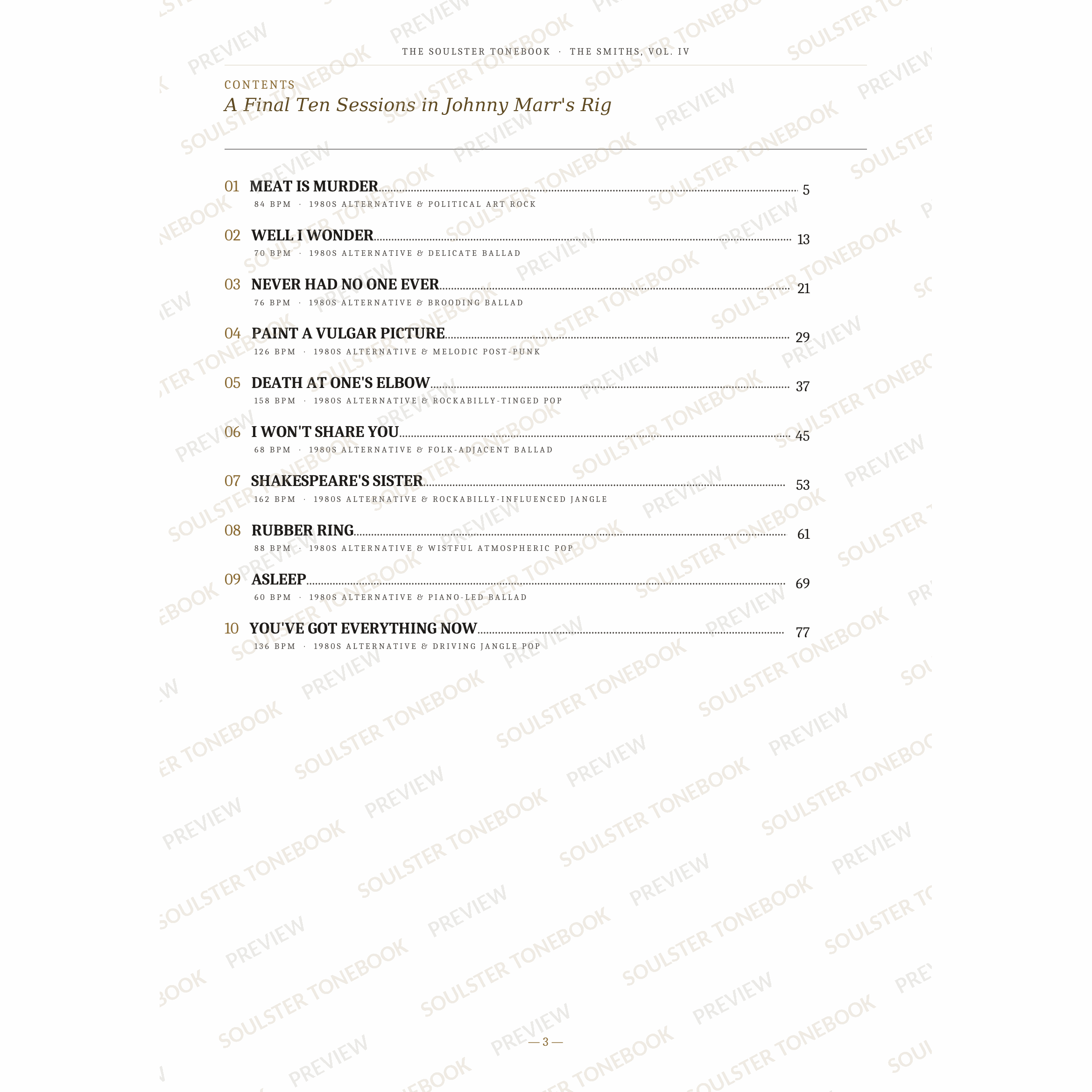 Contents page from The Smiths, Vol. IV Soulster Tonebook, listing all 10 songs with their tempos, genre tags and page numbers in a gold-and-black serif layout. A faint diagonal 'Soulster Tonebook · Preview' watermark repeats across the page.