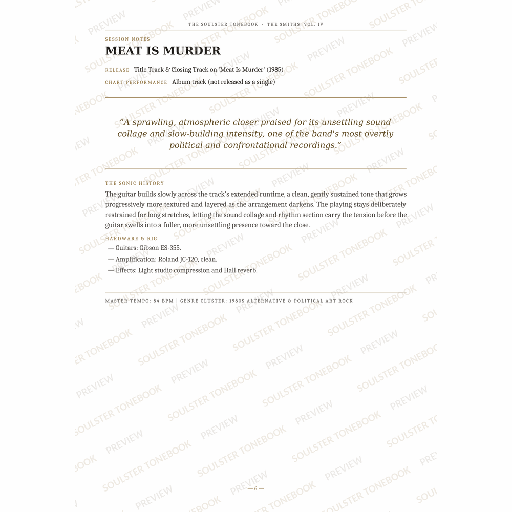 Session-notes page for 'Meat Is Murder' in The Smiths, Vol. IV Soulster Tonebook, with the track's release and chart history, a summary quote, a short 'sonic history' write-up and the hardware and rig used. A faint diagonal 'Soulster Tonebook · Preview' watermark repeats across the page.