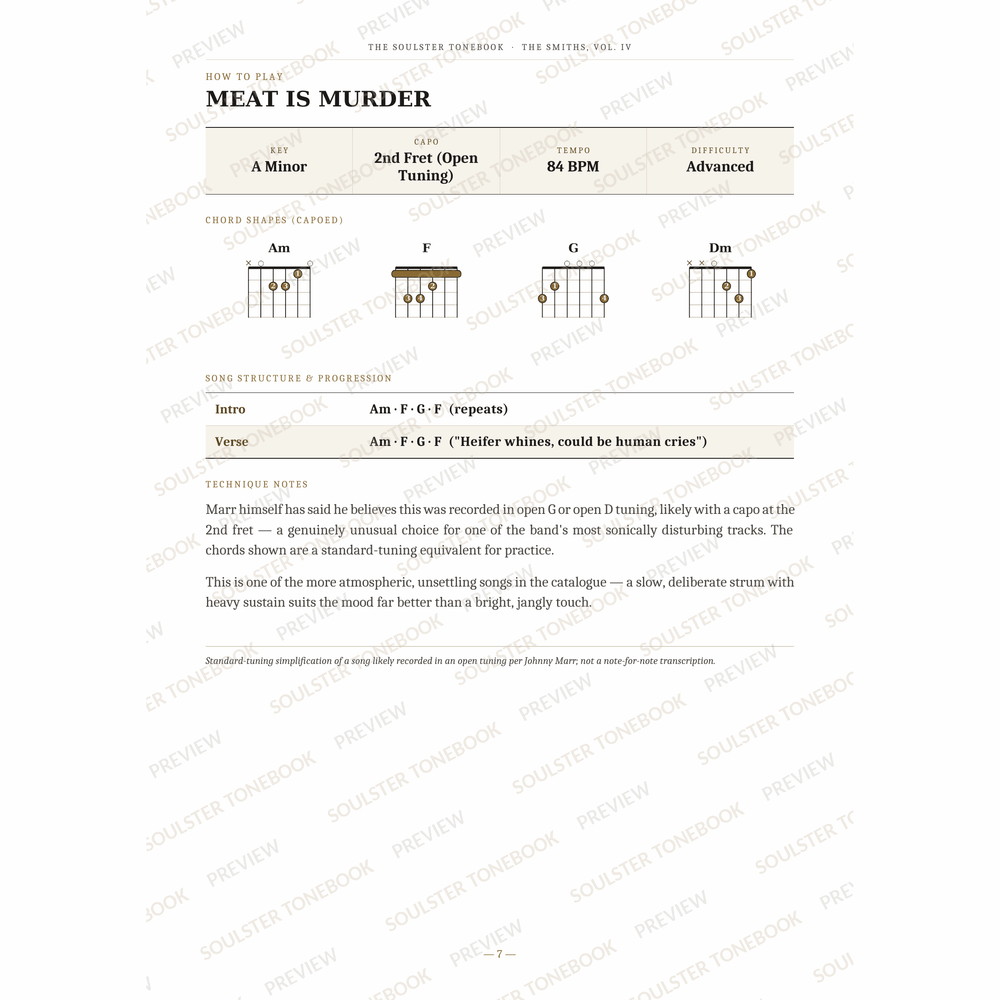 How-to-play page for 'Meat Is Murder' by The Smiths, showing the key, capo, tempo and difficulty, printed chord-shape diagrams, a song-structure and chord-progression breakdown and technique notes — chord charts only, no lyrics or notation. A faint diagonal 'Soulster Tonebook · Preview' watermark repeats across the page.