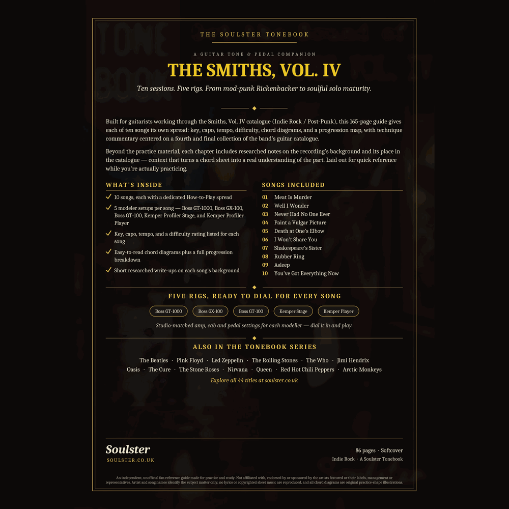 Back cover of The Smiths, Vol. IV Soulster Tonebook — a dark, gold-trimmed design with the title and tagline, a 'what's inside' list, the full 10-song track list, the five modeller rigs and other titles in the Soulster Tonebook series.