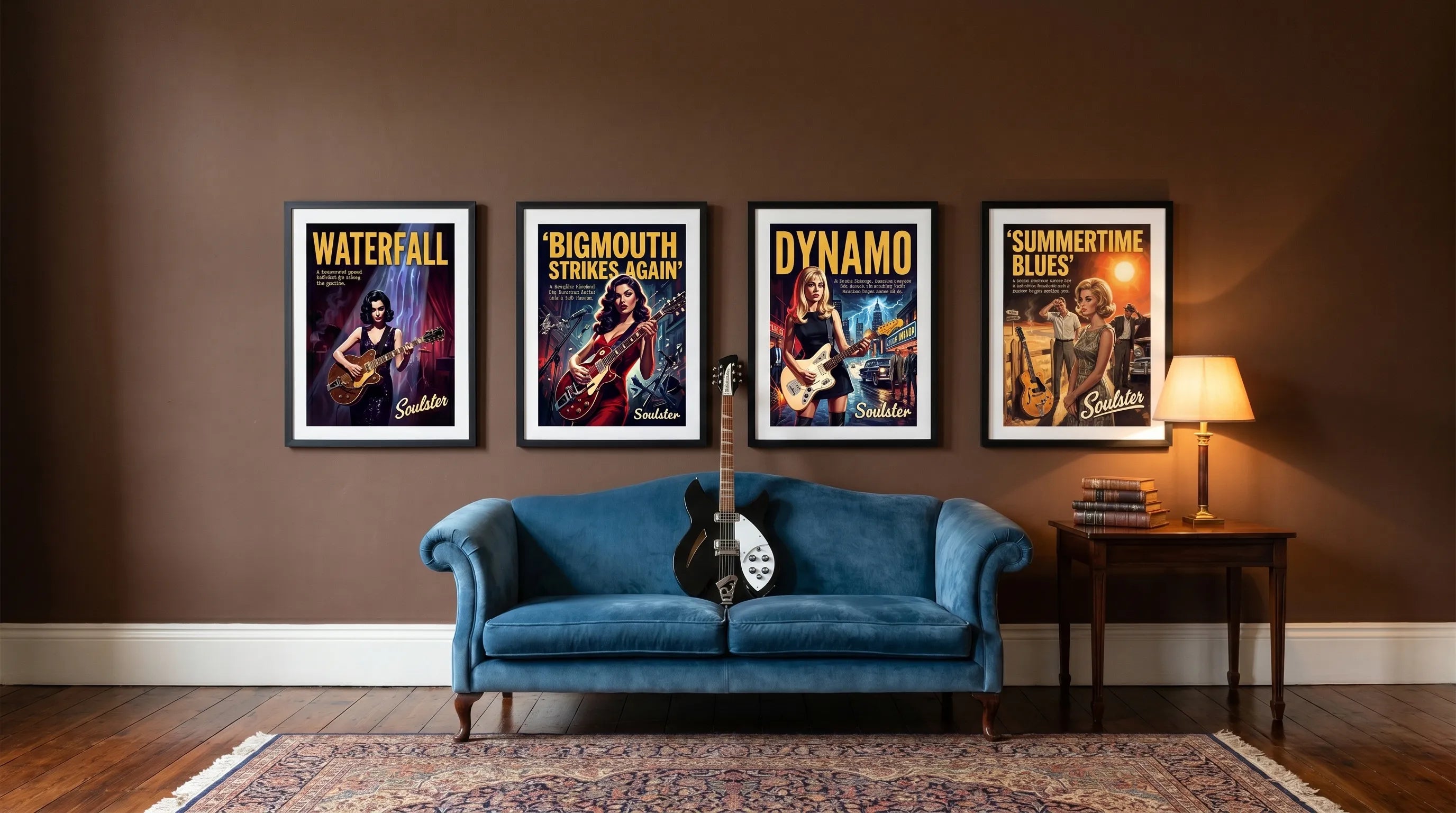 Living room with blue sofa and framed music posters on a brown wall.