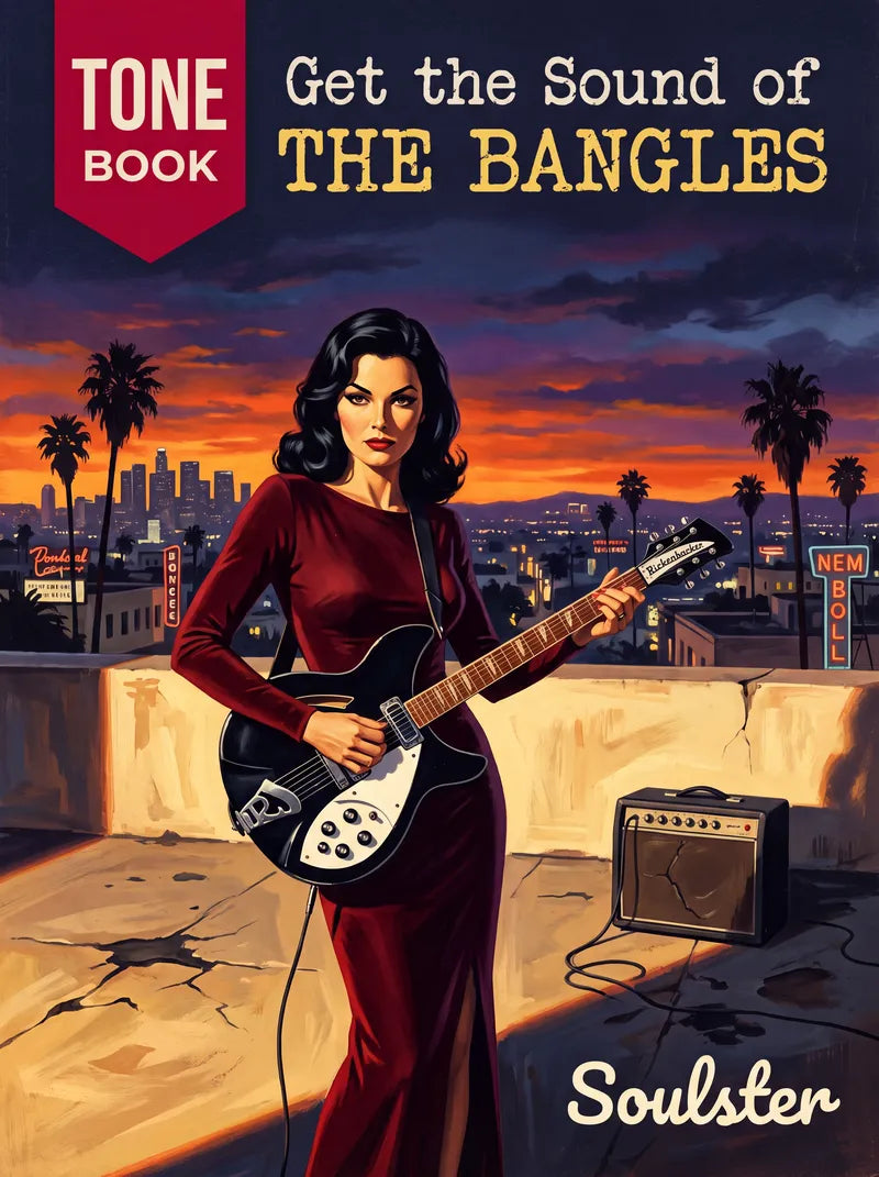 Book cover for 'Get the Sound of THE BANGLES' Tone Book by Soulster, featuring a stylized illustration of a woman in a red dress playing an electric guitar on a rooftop at sunset with a city skyline and palm trees in the background.